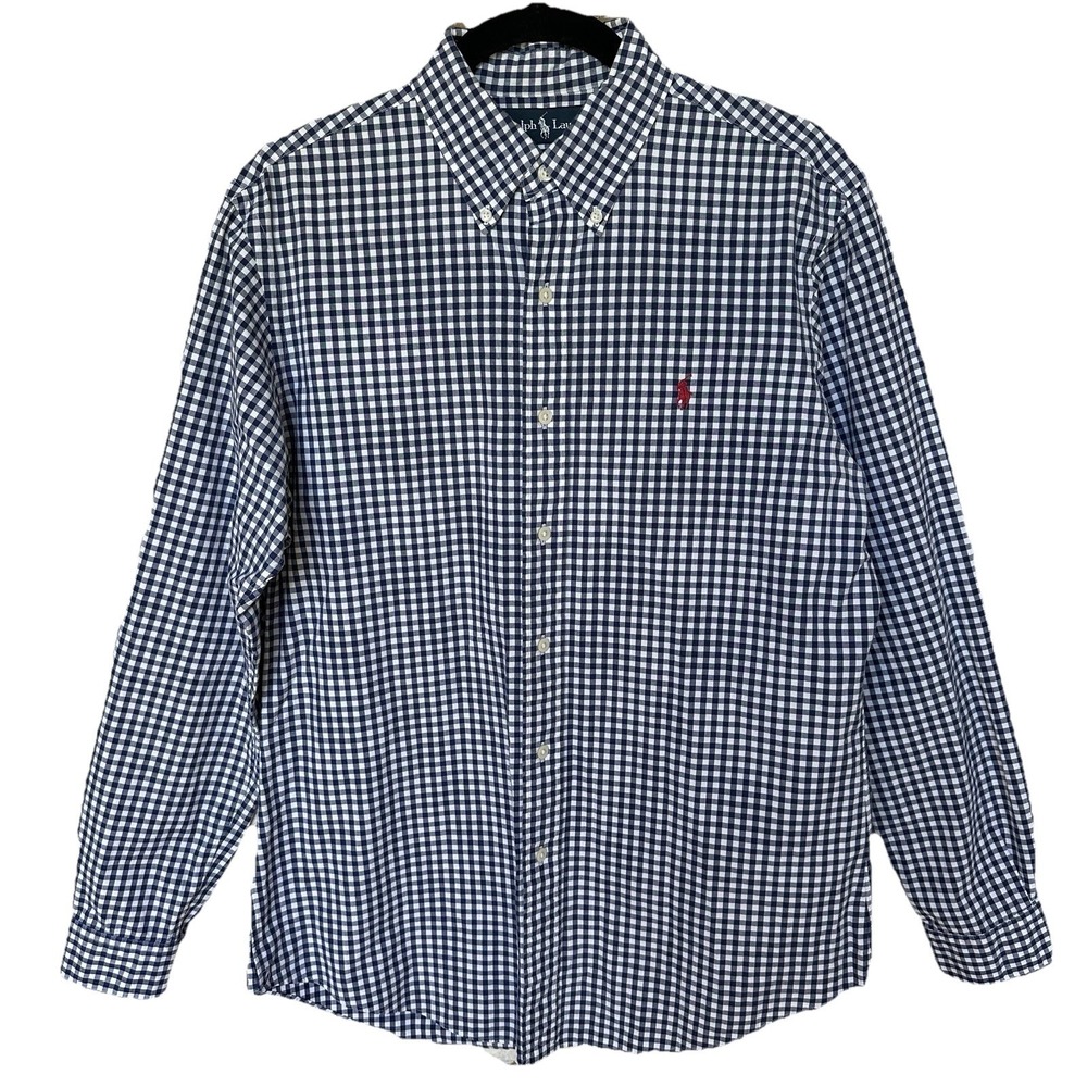 Ralph Lauren Custom Fit Long Sleeve Shirt Men's Medium Blue Gingham Check